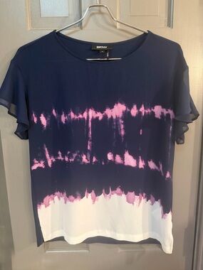 DKNY Navy Tie-Dye Short Sleeve Blouse with Pink and White Panels Size XS